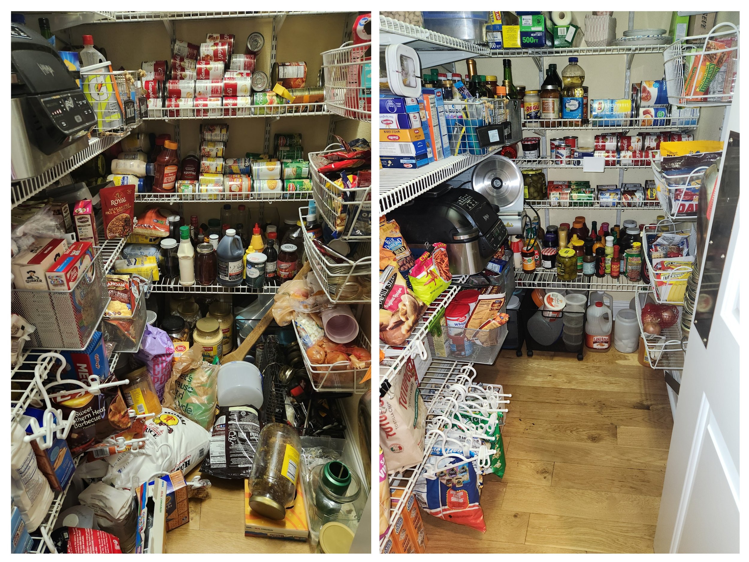 Before and after pantry decluttering project completed by a professional home organizer, transforming an overcrowded pantry into a clean, organized space.