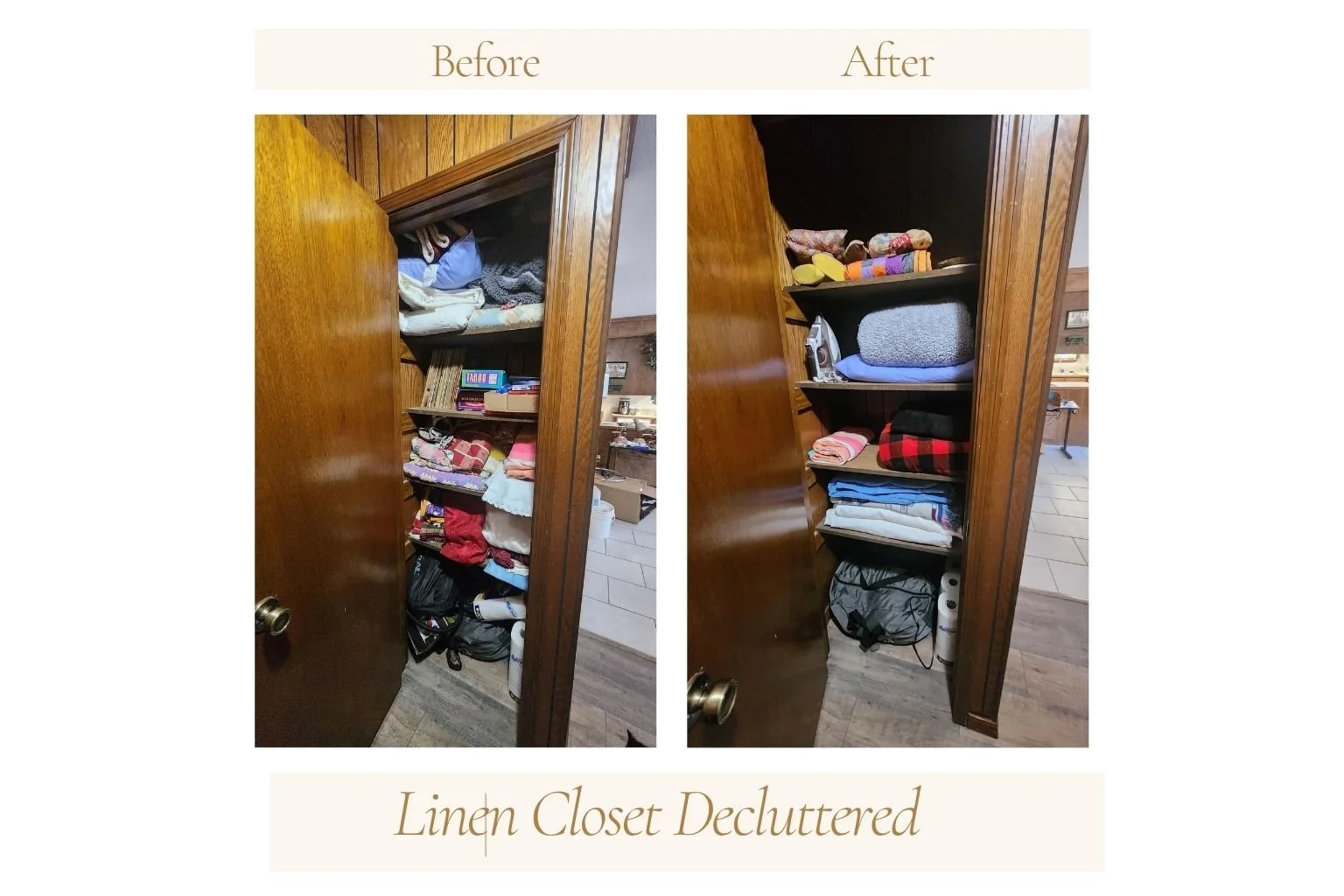Linen closet decluttered and organized