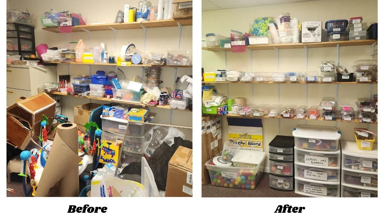 Church resource room organized, labeled and contained with detailed categories.