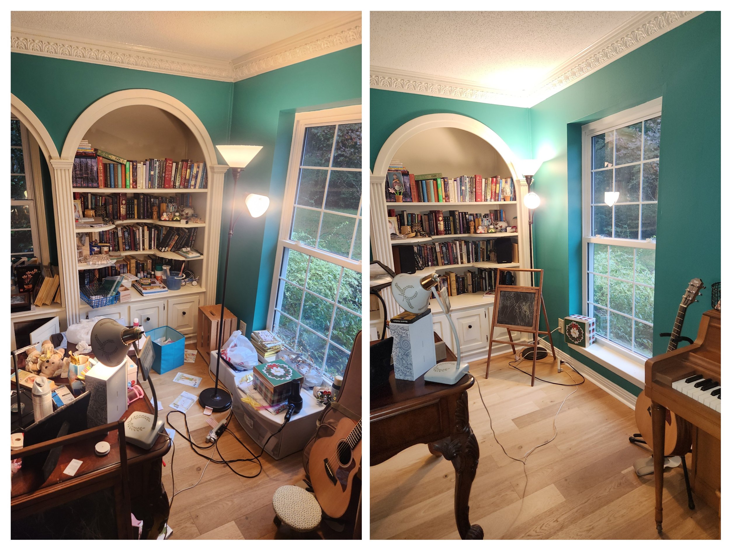 Before and after decluttering and organizing session in a sitting and music room, completed by a professional home organizer to create a functional organized space.