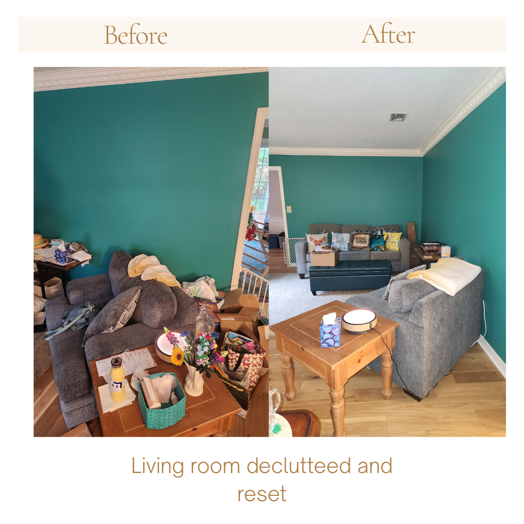 Before and after photo of a decluttering session of a living room space with furniture in Milton, Florida.