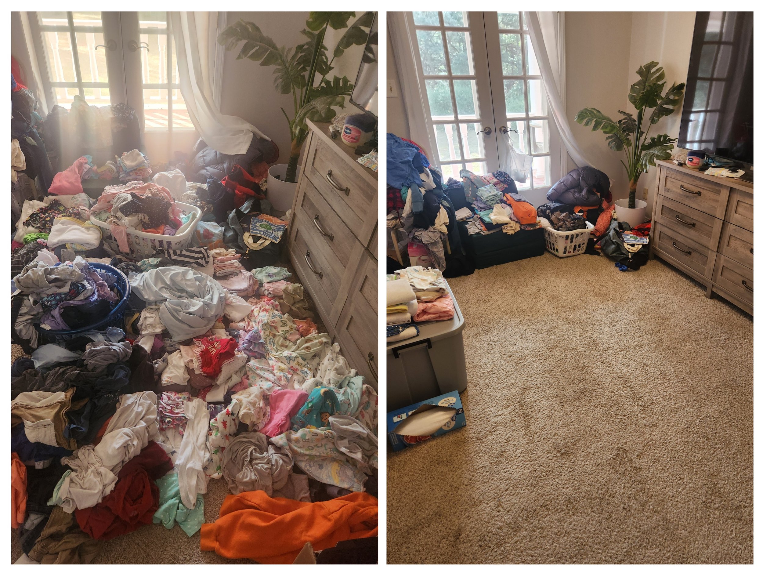Before and after of a decluttering session with baby clothes in Milton, Florida.