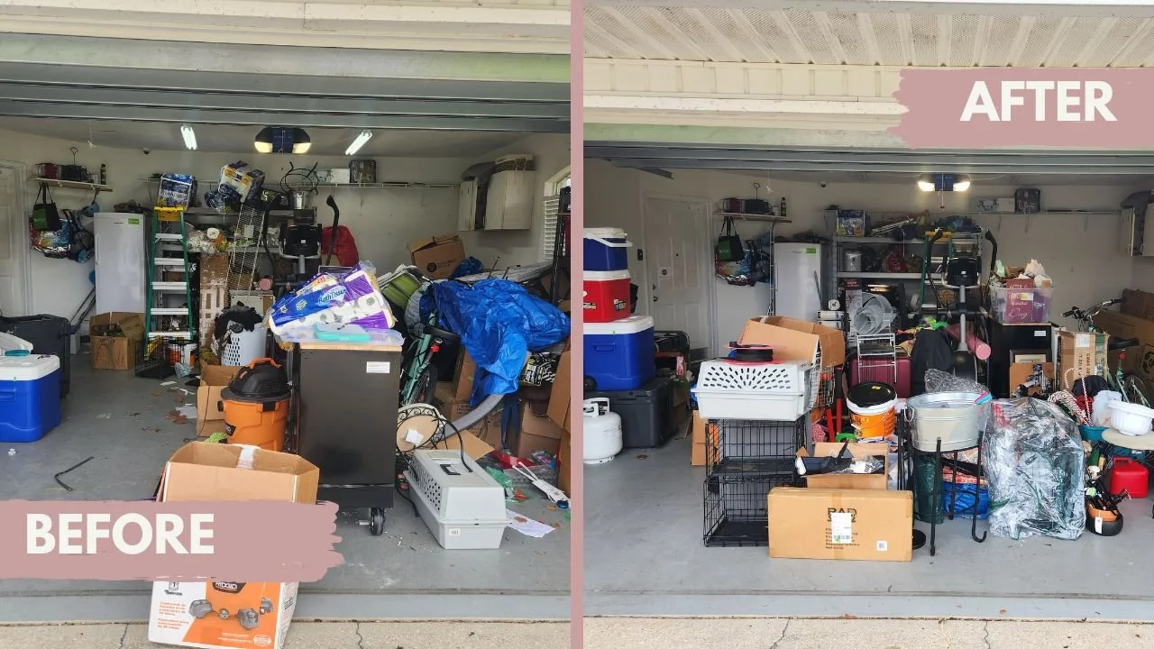 Garage items are sorted into like categories before decluttering and organizing in Perdido Key, Fl