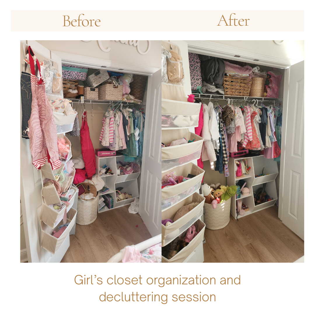 Before and after decluttering and organizing a little girl's closet in Pace, Florida.