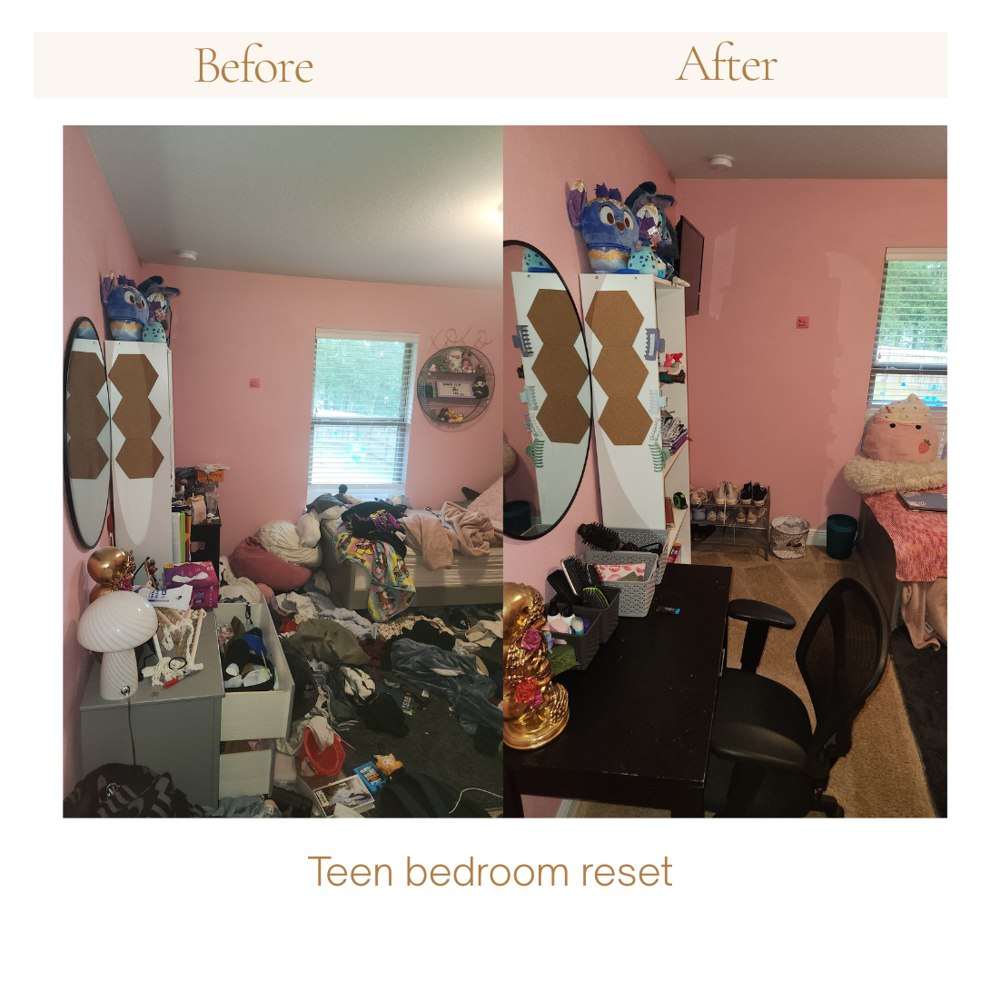 Before and after decluttering and organizing teen's bedroom in Milton, Florida. 