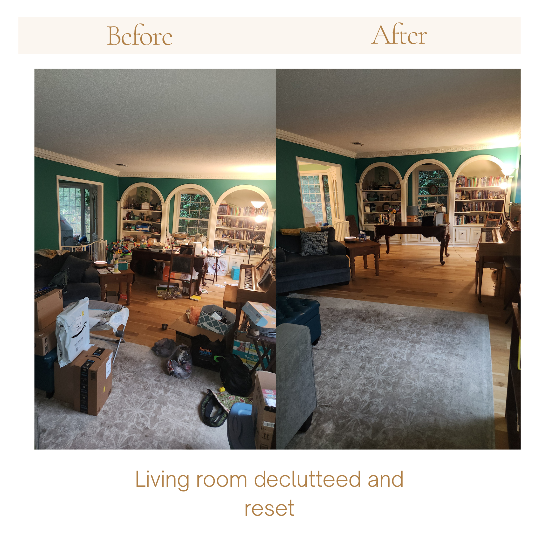 Before and after a decluttering session of a large multipurpose room in Milton, Florida