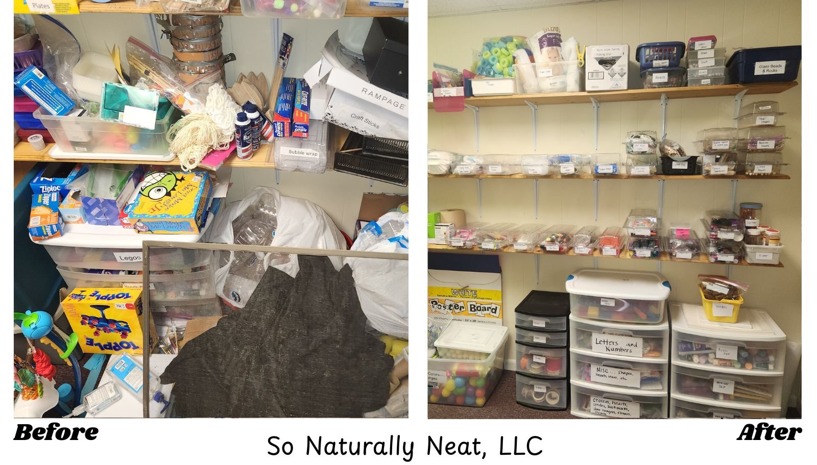 Craft supplies sorted, contained, and labeled