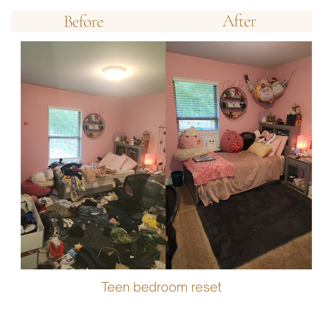 Before and after a decluttering session of a teen's room with organization in Milton, Florida.