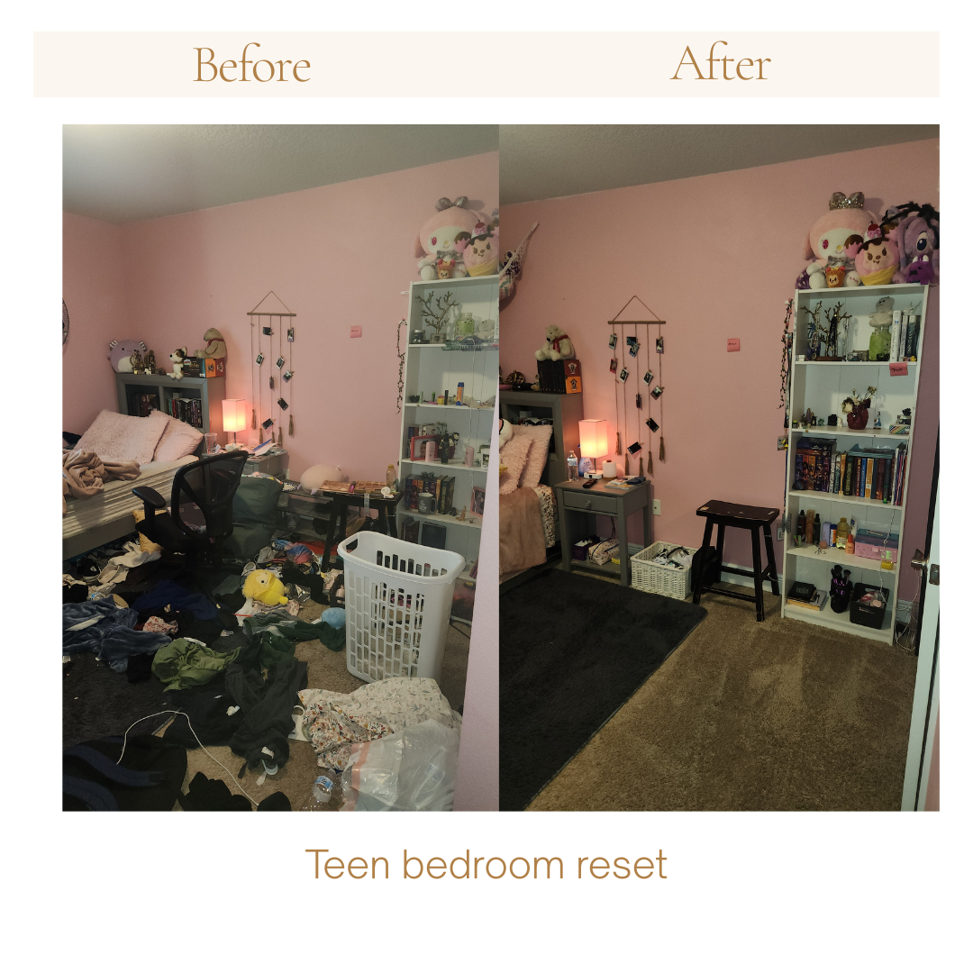 Before and after photo of decluttering and organization in a teen's room in Milton, Florida. 