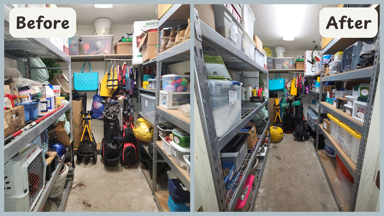 Garage storage room decluttered and organized with bins and labels in Niceville, Fl