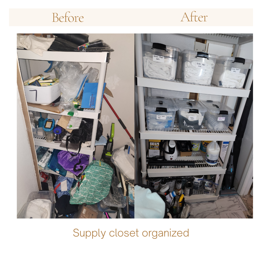 Before and after photo of a decluttered and organized utility closet in Pensacola, Fl.