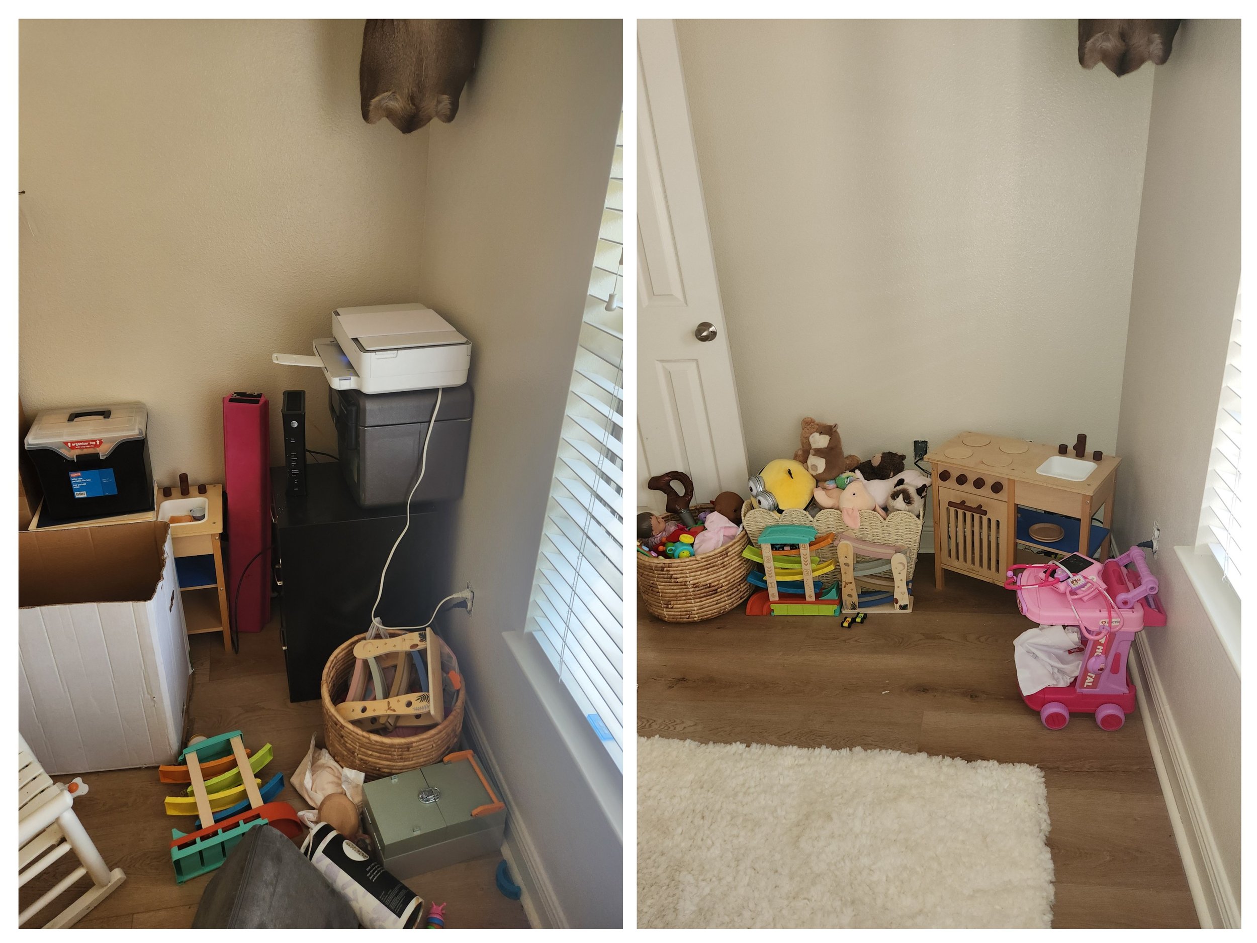 Before and after office and playroom decluttering, showing how professional organizing transforms a cluttered multipurpose room into a usable organized space.