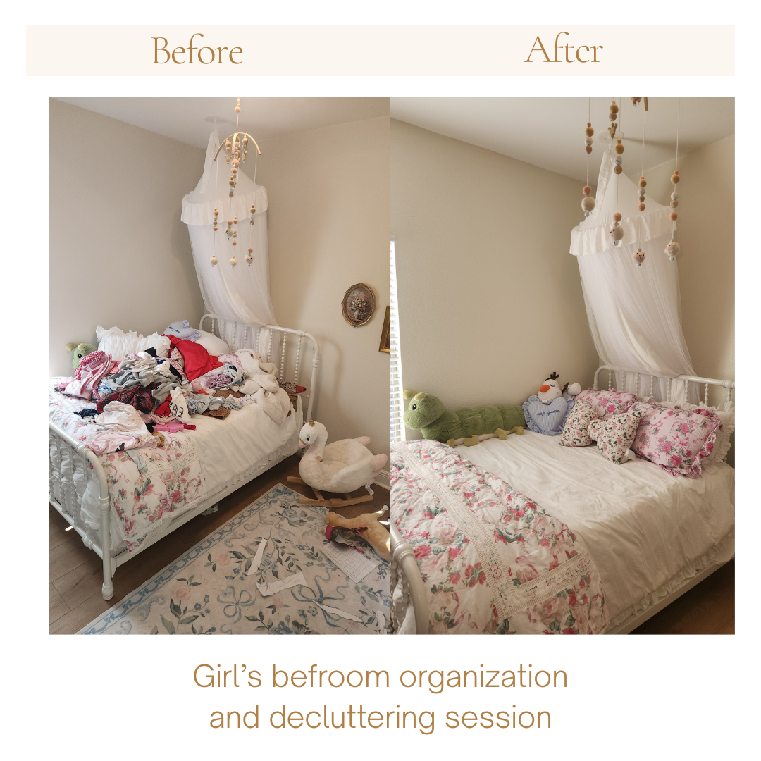 Before and after decluttering, organizing and sizing  session of a  little girl's clothes in Pace, Florida