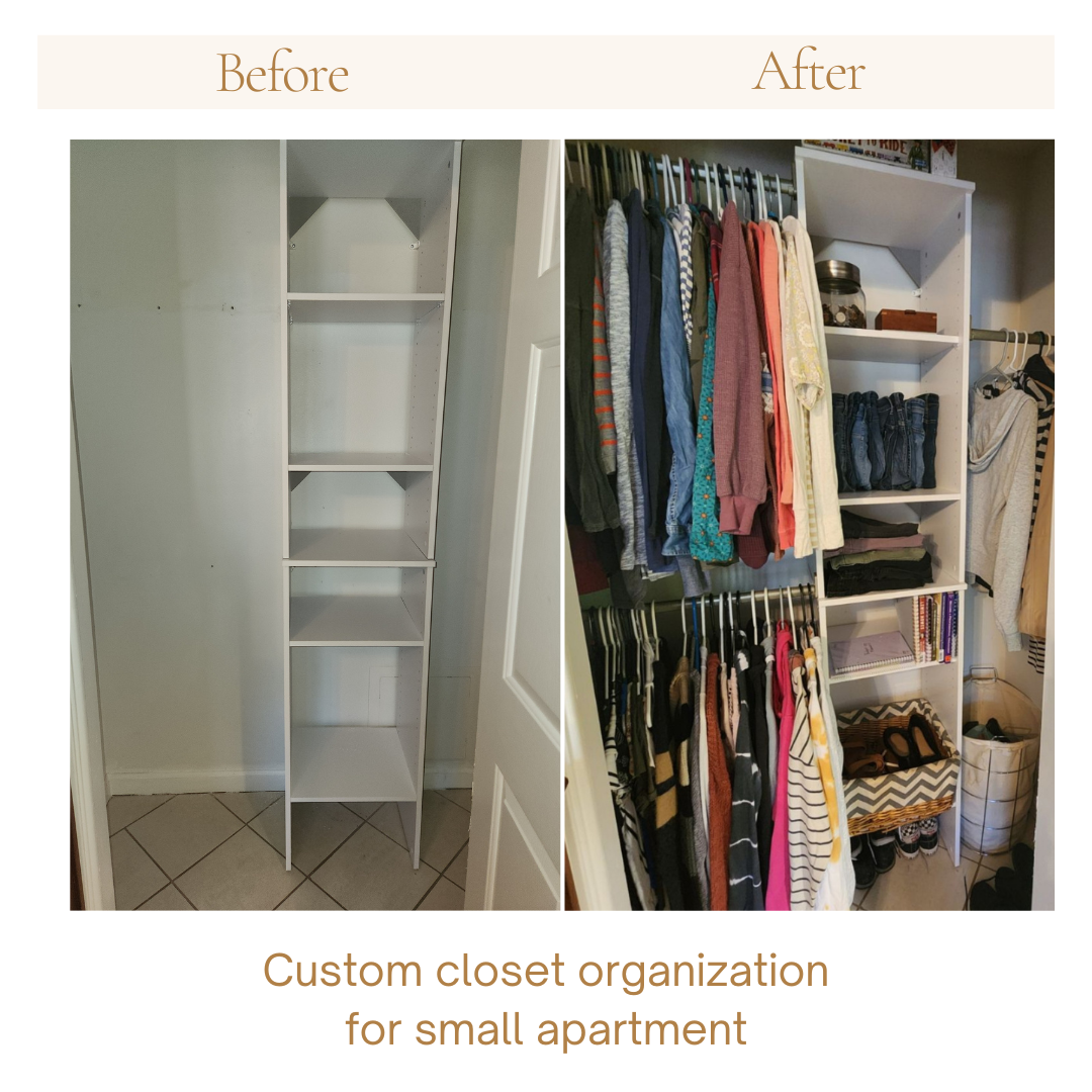 Before and after a small apartment closet is transformed with a closet kit installation and organization. 