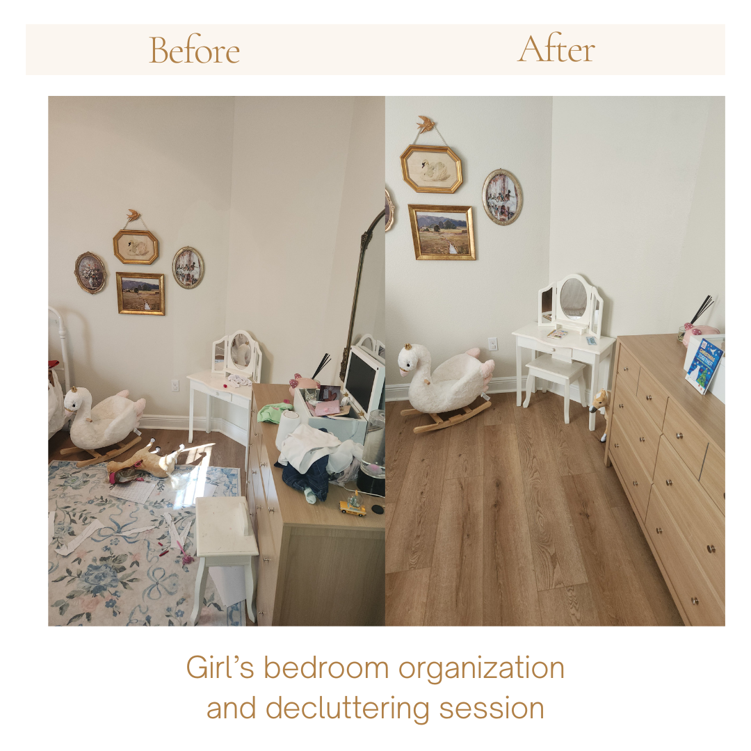 Before and after of decluttering a corner of a little girl's room in Pace, Florida.