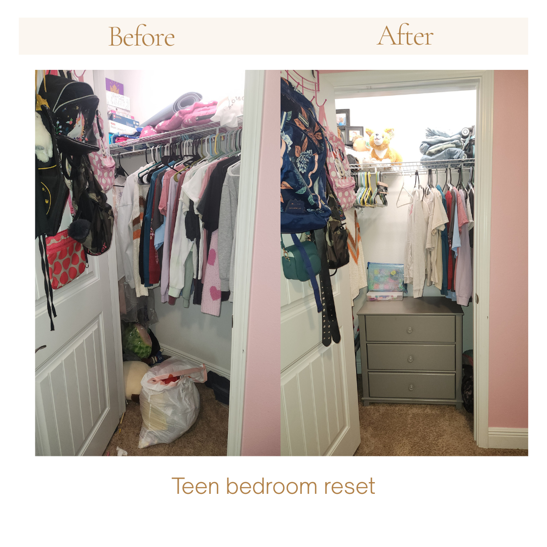 Before and after photo of teen's closet decluttered and organized in Milton, Florida.
