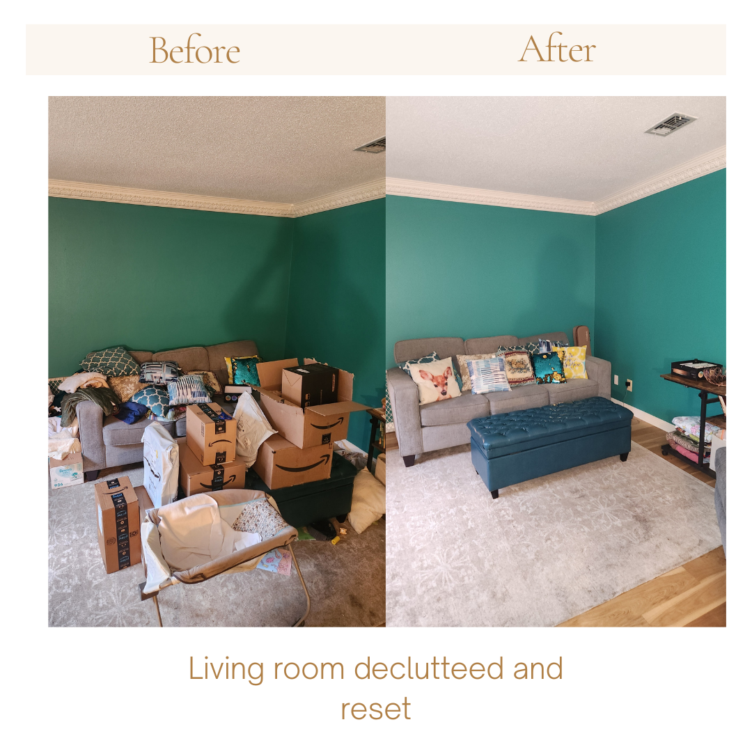 Before and after decluttering and organizing session of a living room in Milton, Florida.