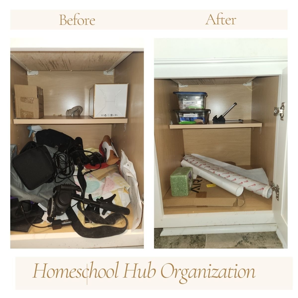 Cluttered cabinet decluttered in homeschool area