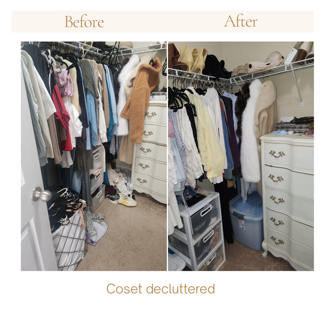 Before and after photo of a decluttered woman's closet in Pace, Florida.