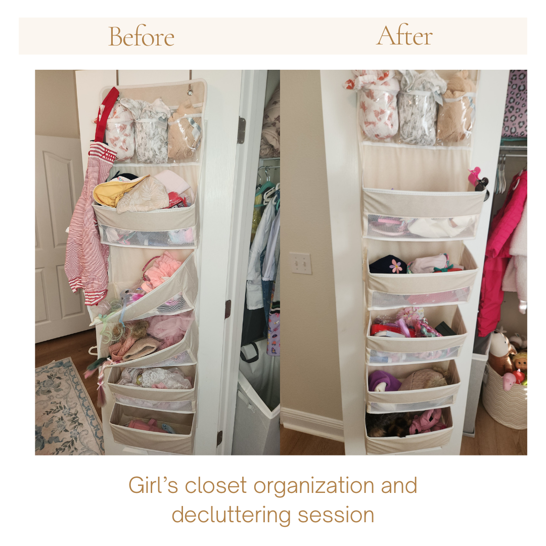 Before and after of baby closet decluttering session in Pace, Florida.