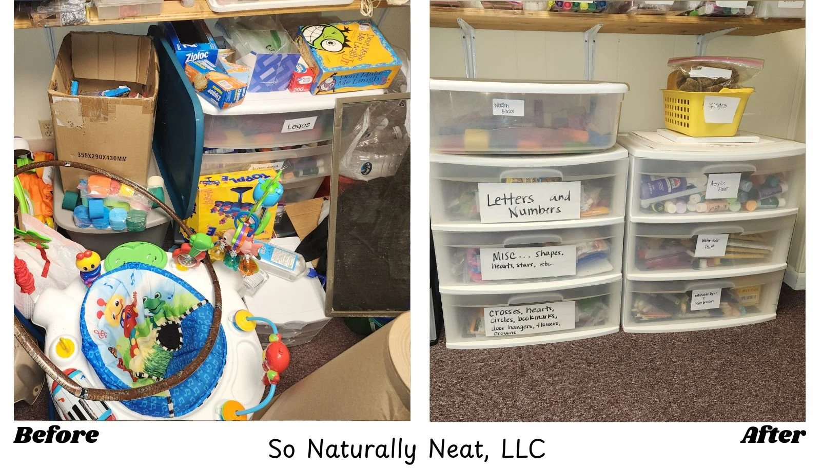 Church resource room organized, contained, and labeled.