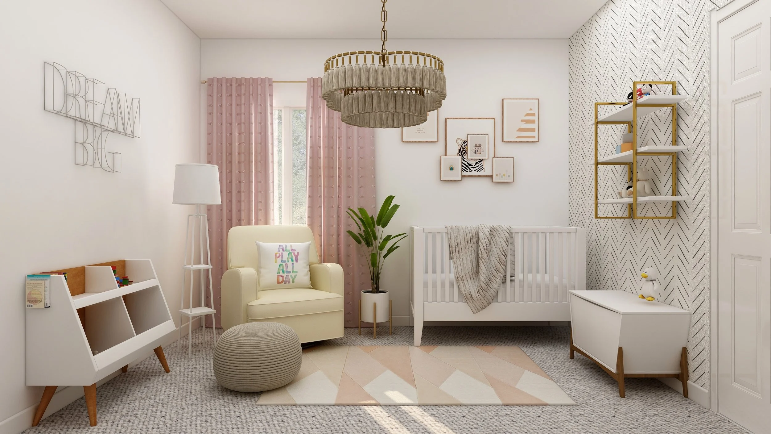 Nursery room with white walls and decor, a white crib, a beige armchair with a colorful pillow, pink curtains, a geometric-patterned rug, hanging framed art, a round woven ottoman, a potted plant, wall shelves with toys, and a large chandelier.