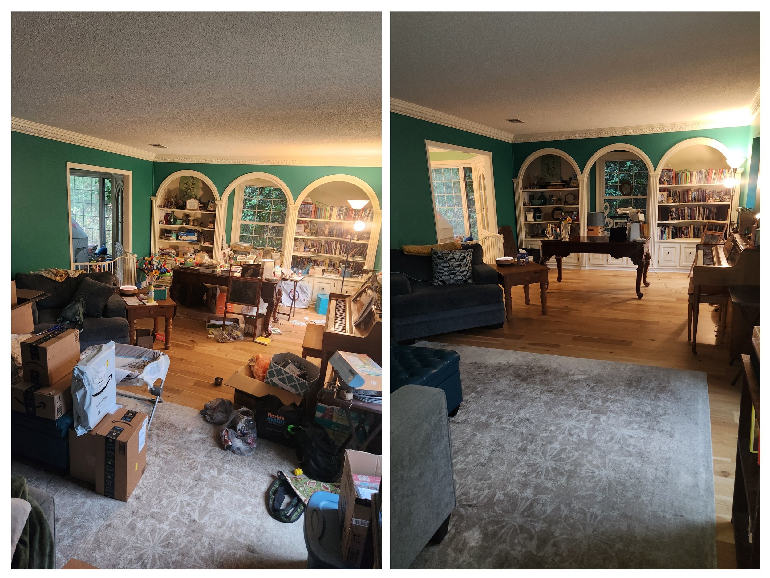 Before and after of a living room decluttering session in Pensacola, Florida.