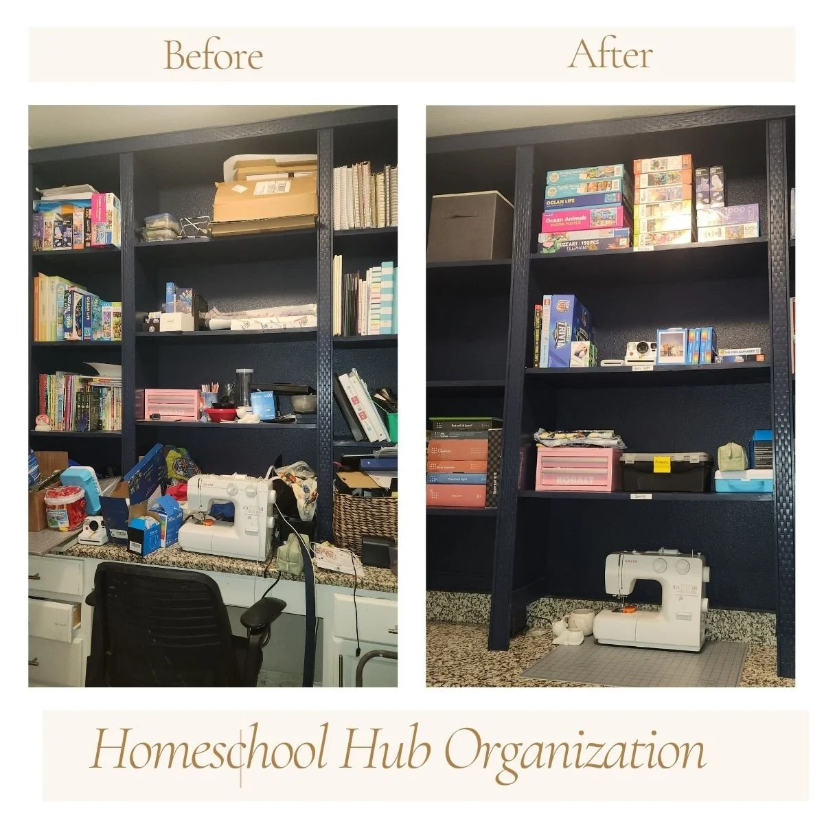 Homeschool area organized, labeled, and contained.