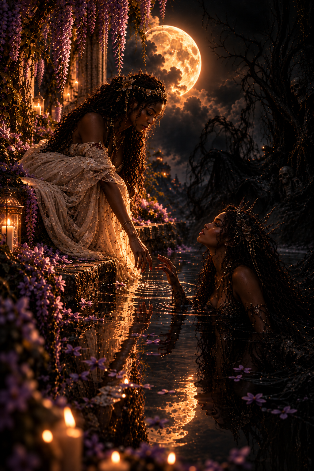 A fantasy scene under a full moon features two women with elaborate floral and gold accessories, one sitting on a flower-covered ledge and the other in a body of water, reaching out to each other. The setting includes glowing lanterns, purple flowers, twisted trees, skulls, and a bright moon illuminating the night sky.