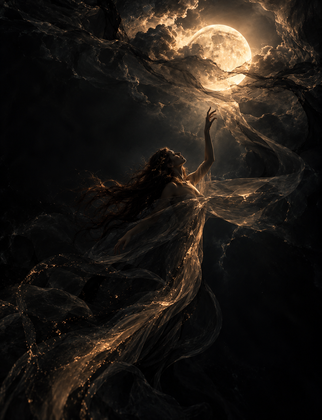 A woman with long flowing hair is reaching towards a bright full moon in the night sky, surrounded by swirling, glowing translucent fabric.
