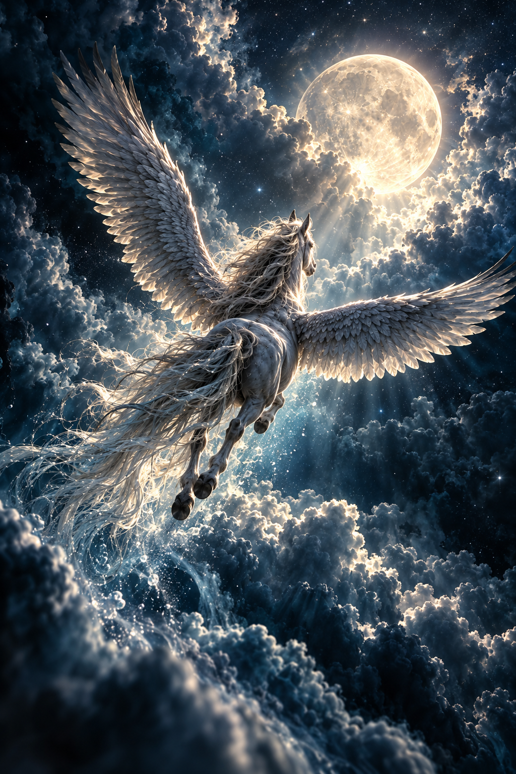 A majestic white Pegasus with large feathered wings flying through a cloudy night sky illuminated by the full moon.