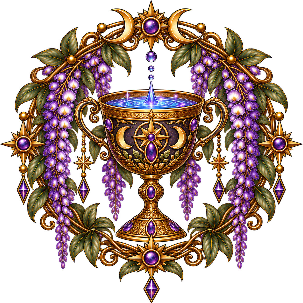 A decorative gold chalice with purple gemstones, surrounded by purple wisteria vines, leaves, and gold celestial stars, with a mystical water fountain inside the chalice.