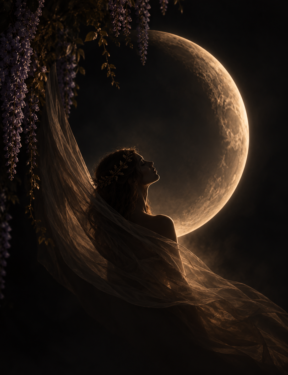 A silhouette of a woman with a floral headband and flowing veil, facing a bright, full moon in a dark sky, with hanging purple flowers in the upper left corner.