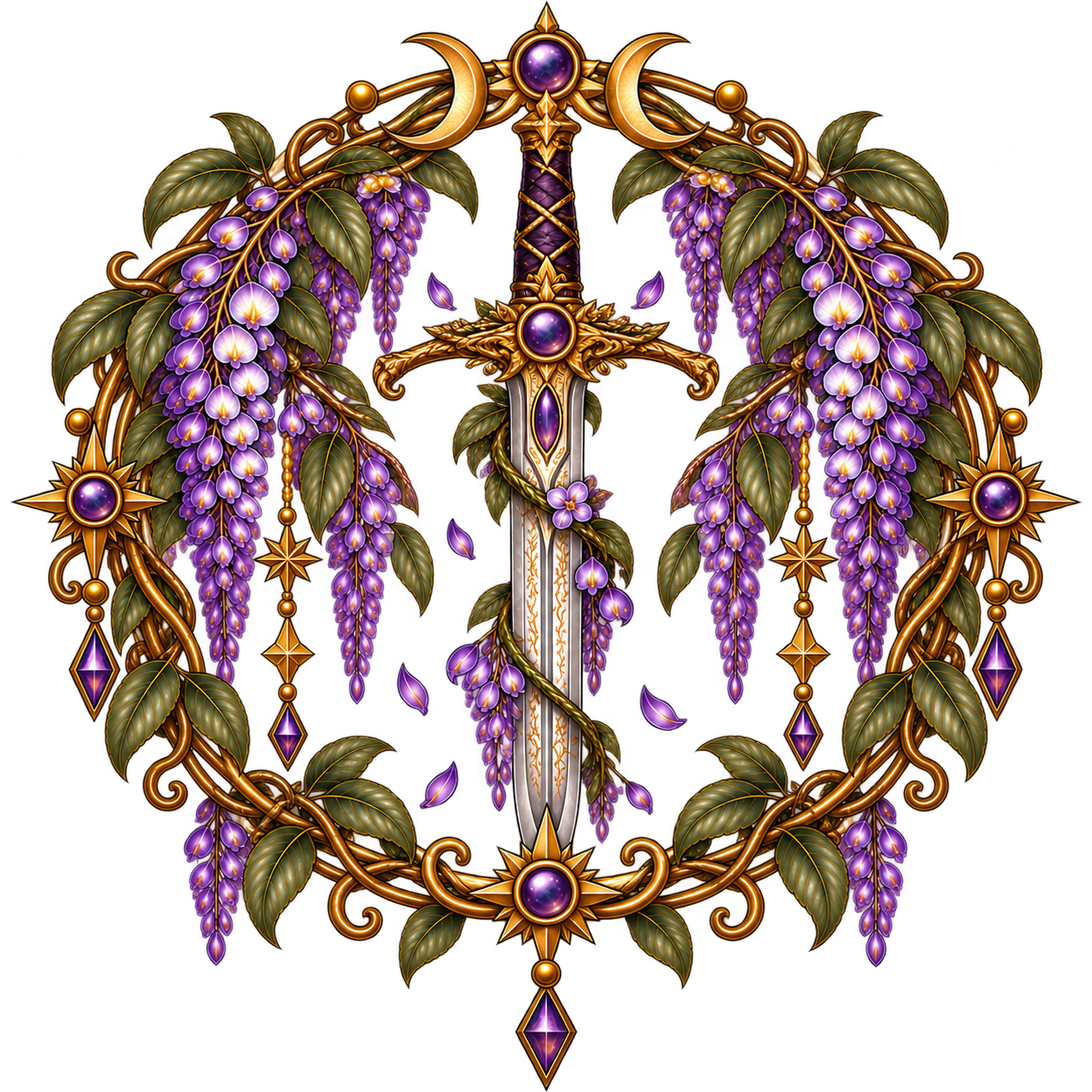 Ornate digital illustration of a sword surrounded by a wreath of purple wisteria flowers and green leaves, with decorative gold elements and purple gemstones.