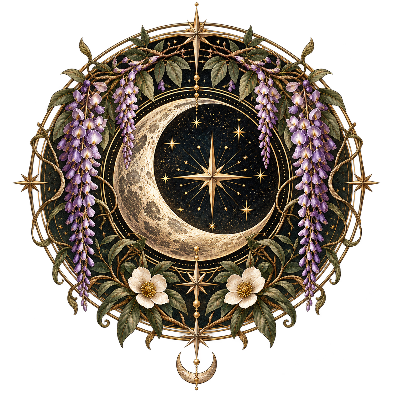Decorative celestial design featuring a moon, stars, a crescent moon, purple wisteria, white flowers, and a crescent moon with hanging star and moon charms surrounded by a circular gold frame.