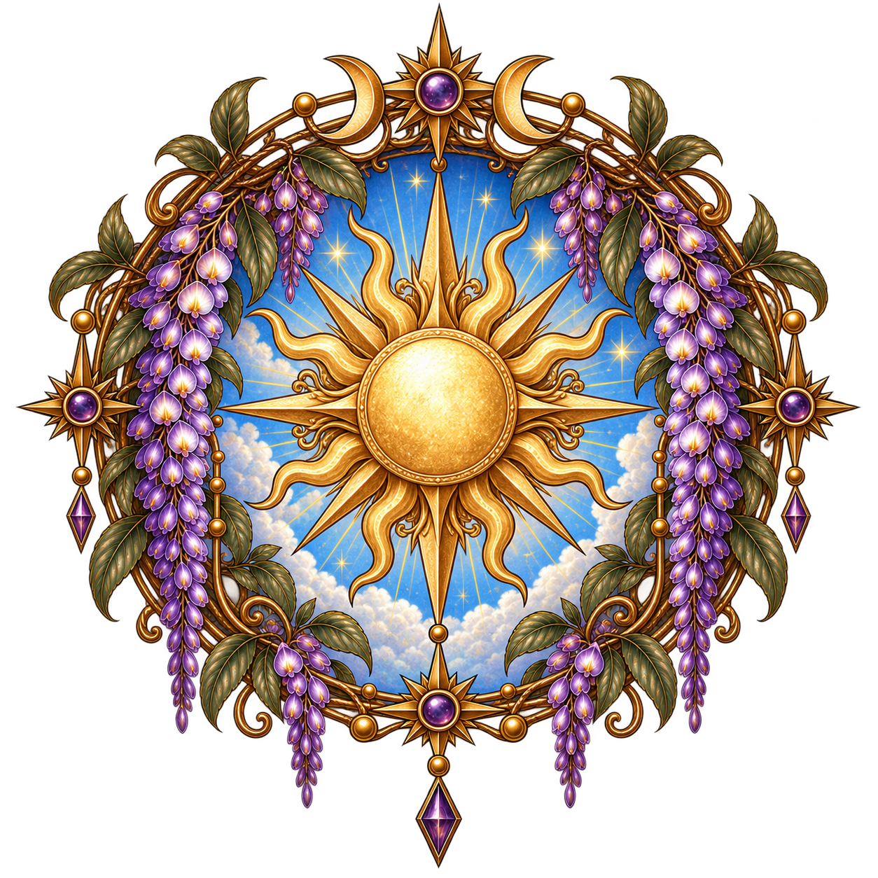 An ornate, gold sun and moon pendant surrounded by purple wisteria flowers, with a blue sky and white clouds background.