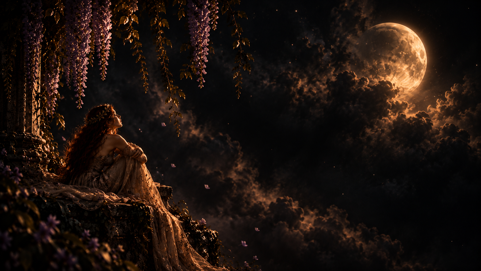 A young woman with long, curly hair and wearing a floral headpiece, sits on a stone ledge under hanging purple wisteria flowers, gazing at a large, glowing full moon in a dark, cloudy night sky.