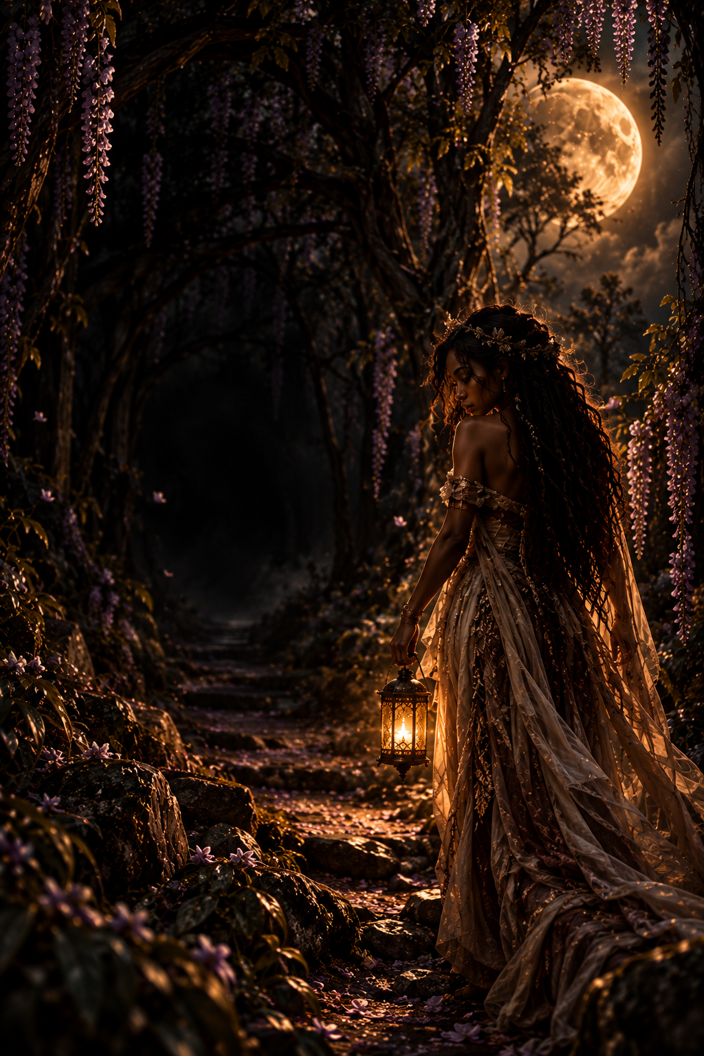 A woman in a flowing, ornate dress holding a lantern stands on a rocky path in a mystical forest under a large, glowing moon, with purple flowers hanging from trees surrounding her.