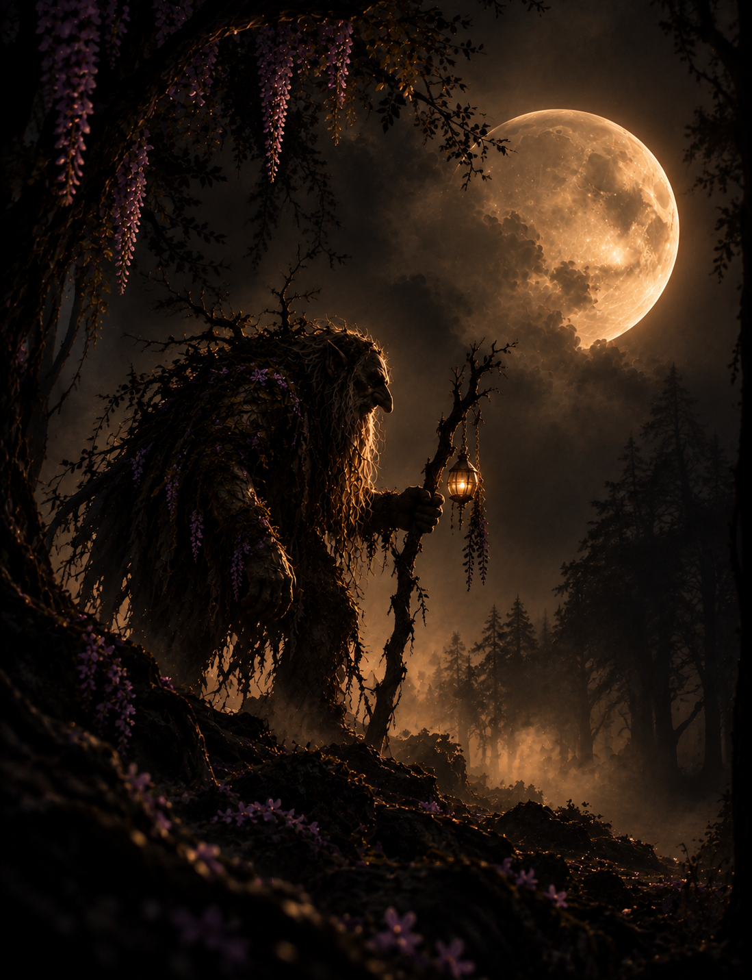 A fantasy scene featuring a mythical creature resembling a hobbit or forest elf with long hair, a beard, and leafy, bark-like clothing, holding a lantern and walking in a forest under a large, glowing full moon.