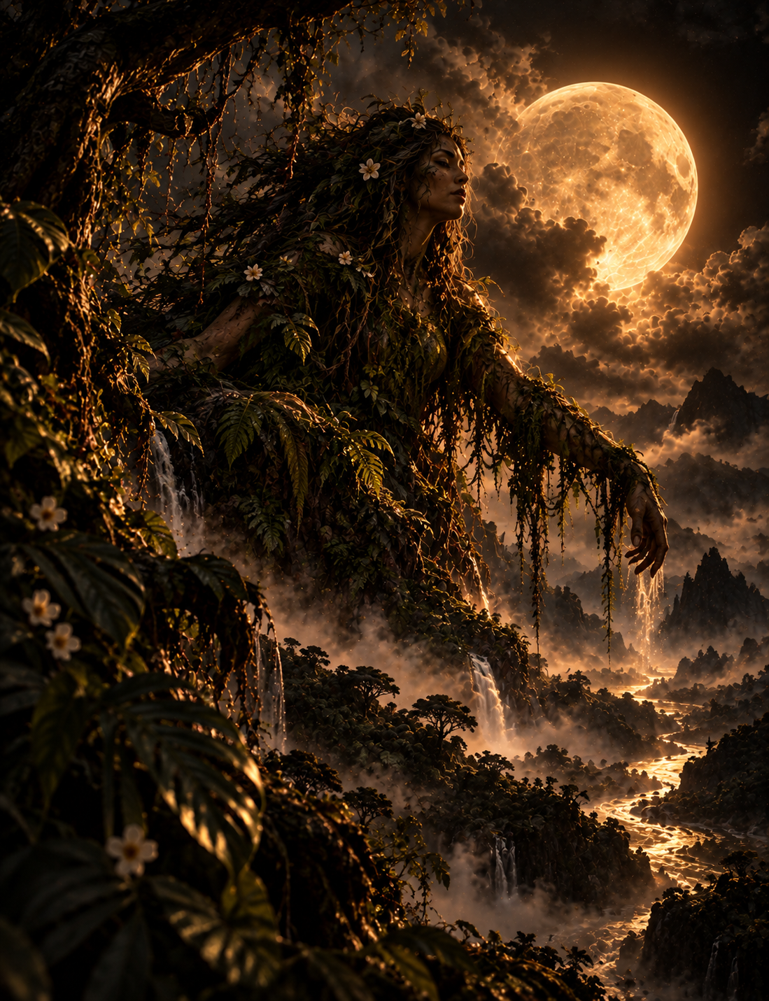 A woman covered in lush greenery and white flowers, blending with a dense forest landscape under a glowing full moon in the night sky.