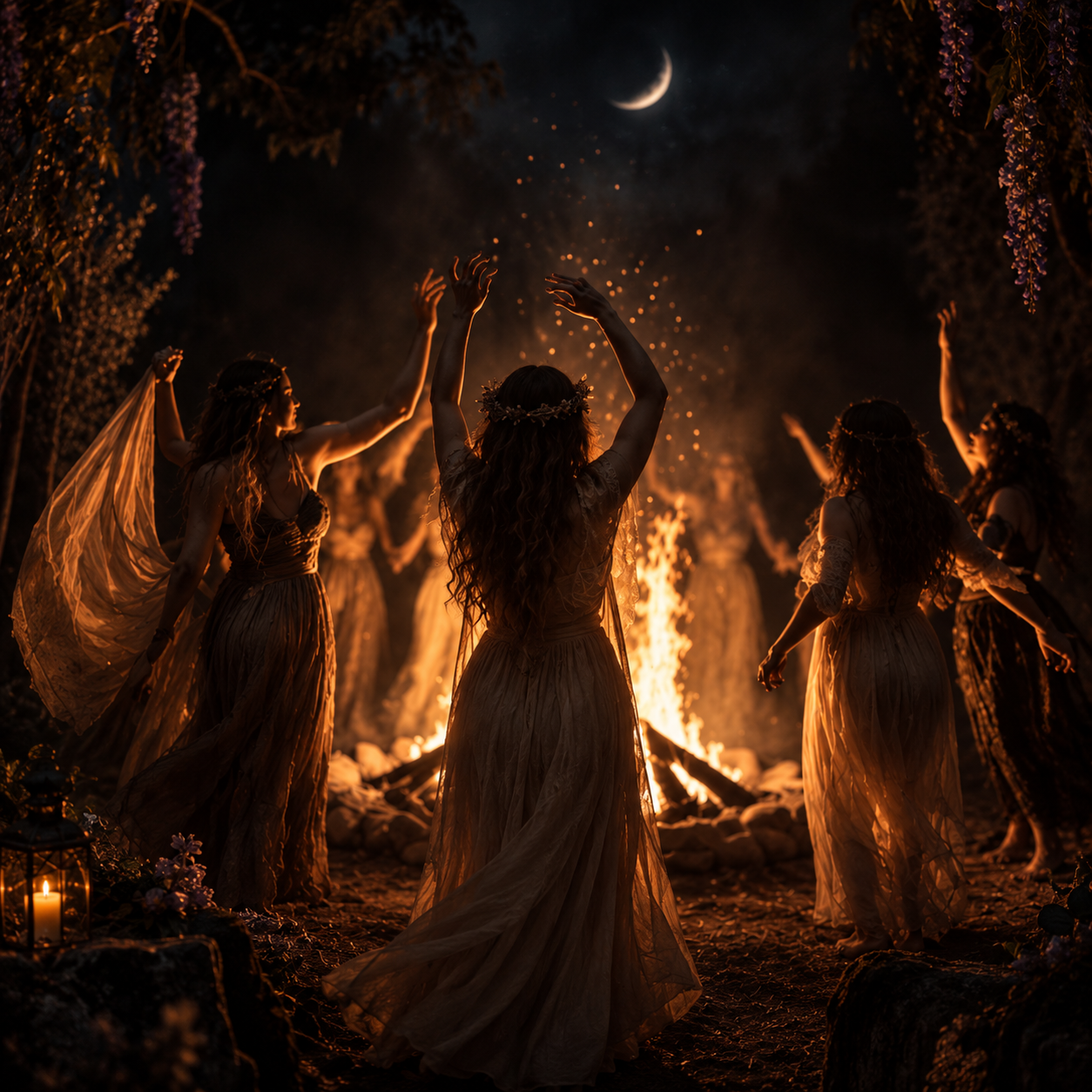 Group of women dressed in long, flowing dresses dancing around a bonfire at night under a crescent moon, with some holding fabric or floral headbands, surrounded by trees and purple hanging flowers.