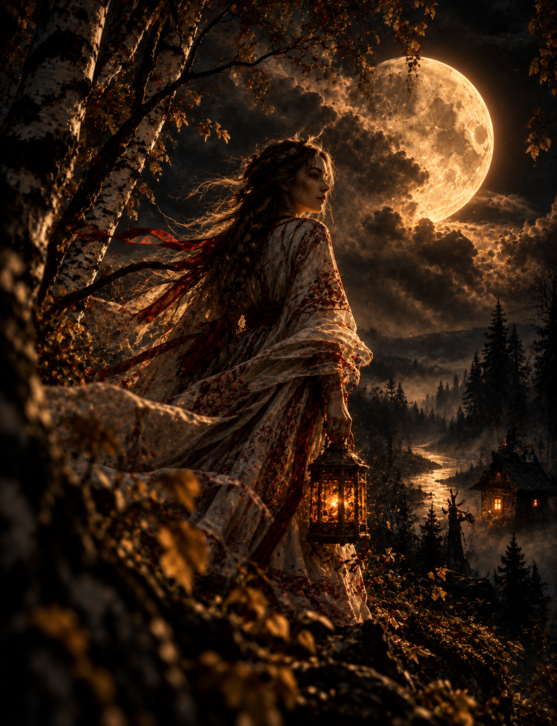 A woman in a flowing floral dress holding a lantern stands outdoors at night with a large, glowing full moon and cloudy sky in the background. Trees and small houses are visible in a misty, forested landscape.