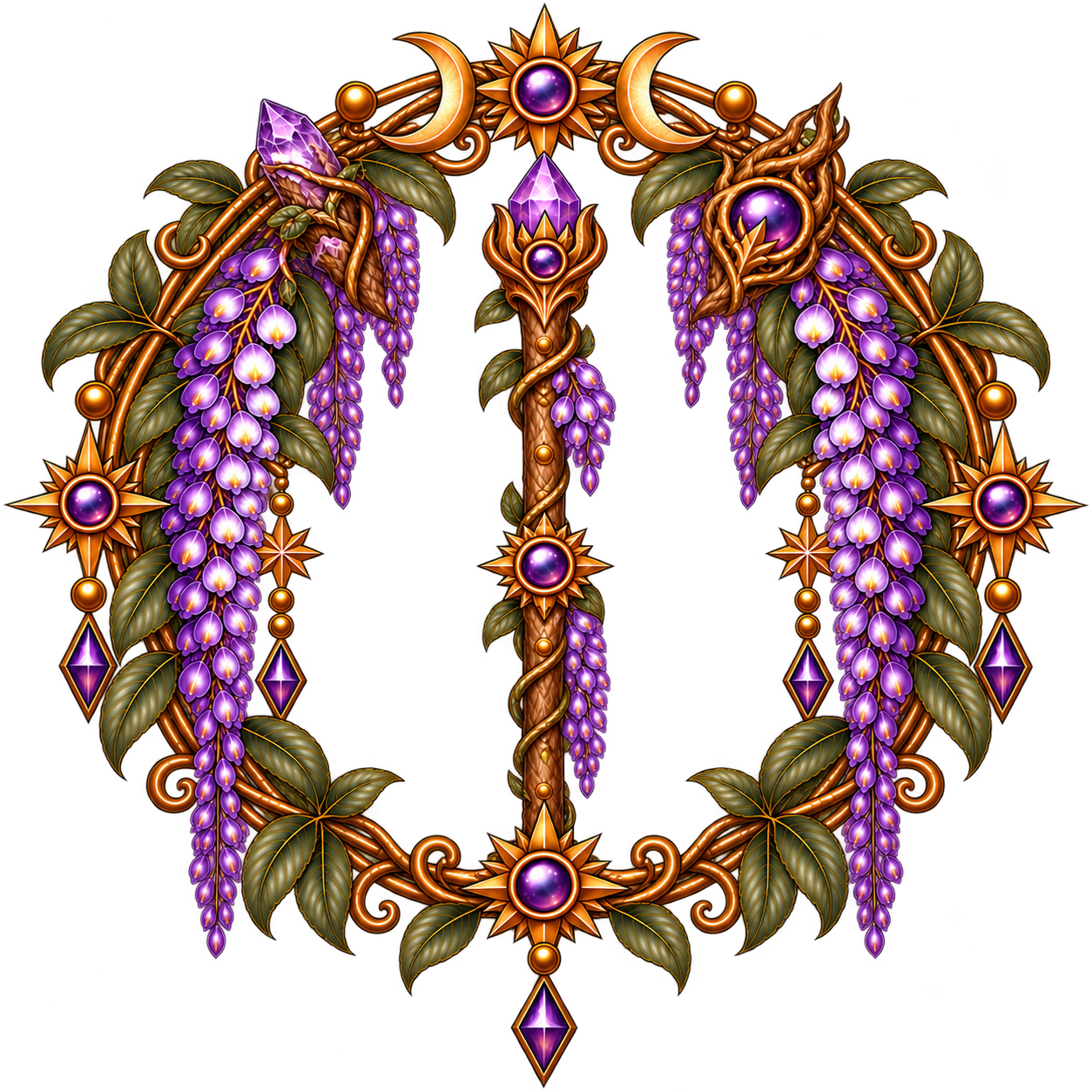 A decorative peace symbol made of gold, purple gemstones, and intricate floral and celestial elements with grapes, leaves, stars, and moons.