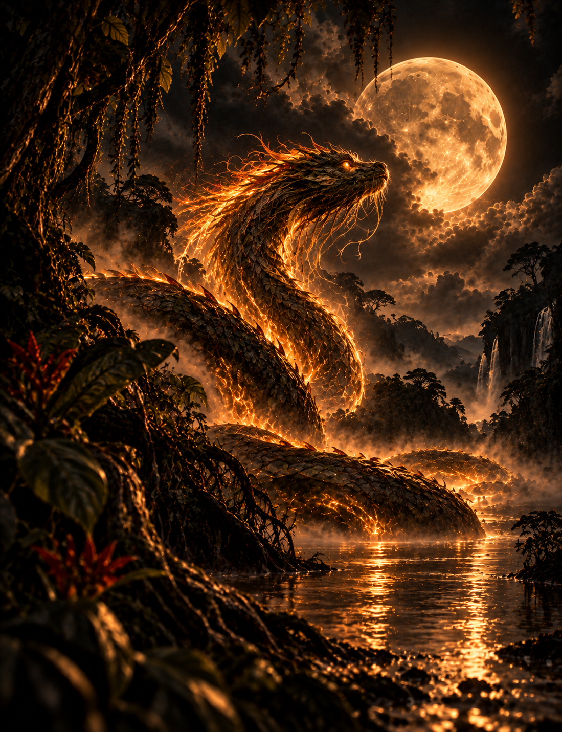 A glowing dragon with shimmering scales, resting in a mystical jungle under a bright full moon, with waterfalls and dense trees around.