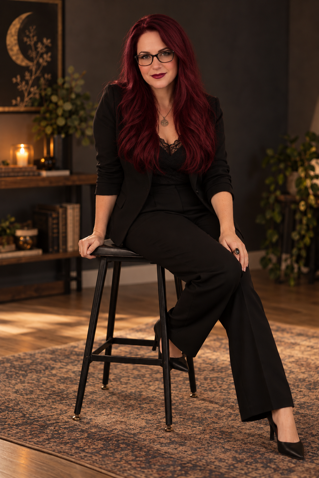 A woman with long red hair wearing glasses, a black blazer, and black pants, sitting on a stool in a warmly lit room with dark walls, candles, plants, and a bookshelf in the background.