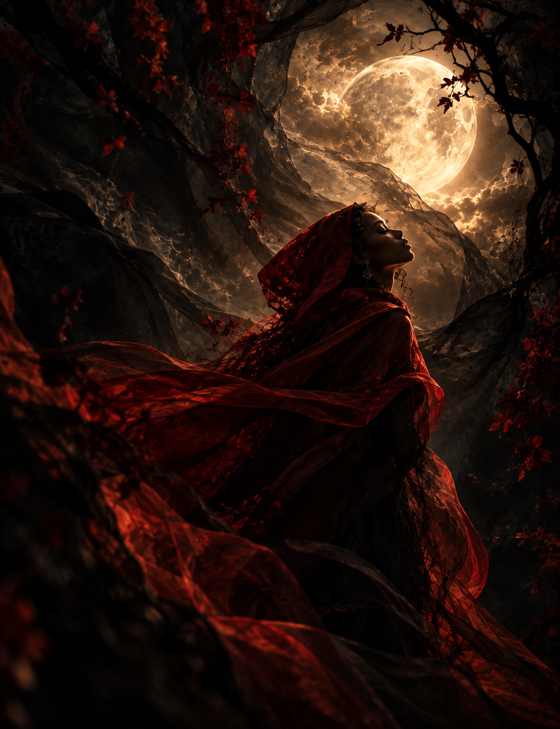 A woman in a red, semi-transparent cloak gazing upward in a dark, wooded scene illuminated by a large, bright full moon. The scene has a mystical, fantasy-like atmosphere with dramatic lighting and red leaves.