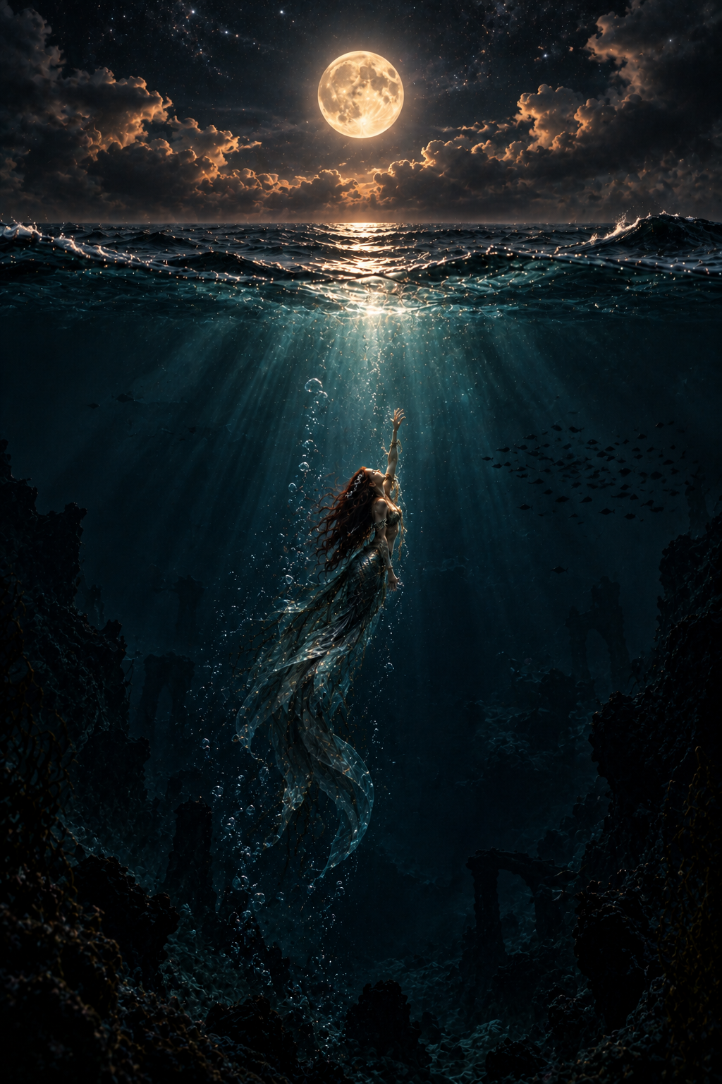 An underwater scene featuring a mermaid reaching towards the moon above the ocean surface, with rocks and coral formations beneath and a school of fish swimming nearby.