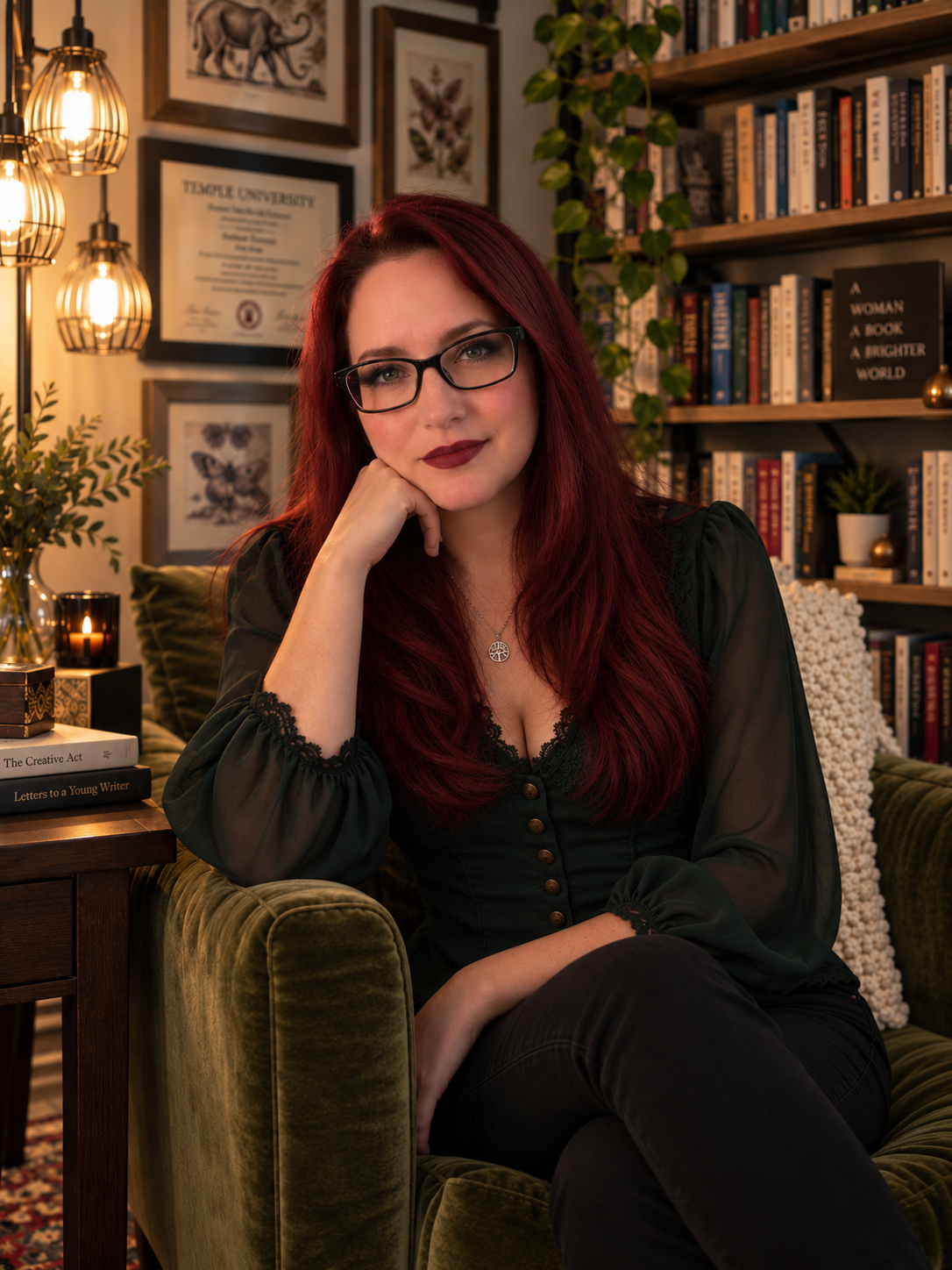 A woman with red hair, glasses, and dark lipstick sitting on a green velvet armchair in a cozy, book-filled room.