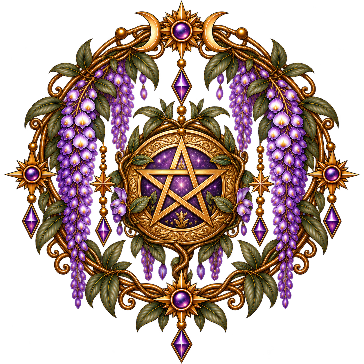 A decorative gold and purple pentagram pendant surrounded by purple wisteria flowers, green leaves, and gold star and diamond-shaped ornaments, forming an ornate circular frame.