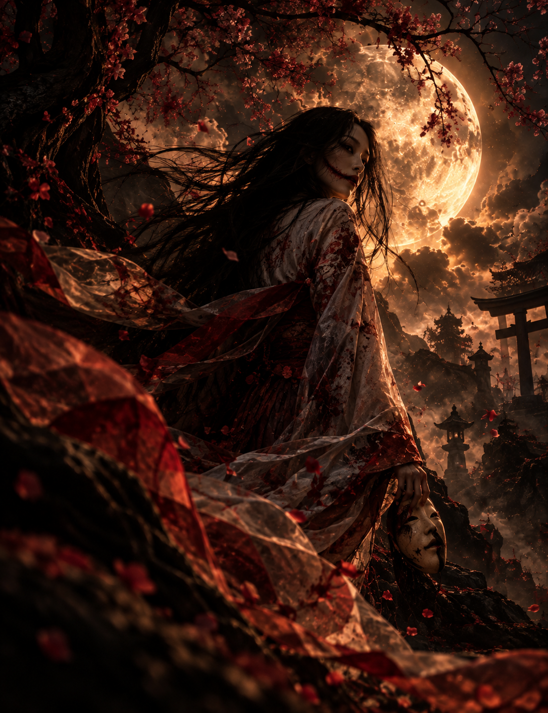 A dark, mystical scene featuring a woman with long black hair, dressed in traditional Japanese attire, holding a mask with a painted face. Behind her is a large, glowing full moon partially covered by clouds, with cherry blossom branches in the foreground. The background includes silhouettes of traditional Japanese structures and a mountainous landscape.